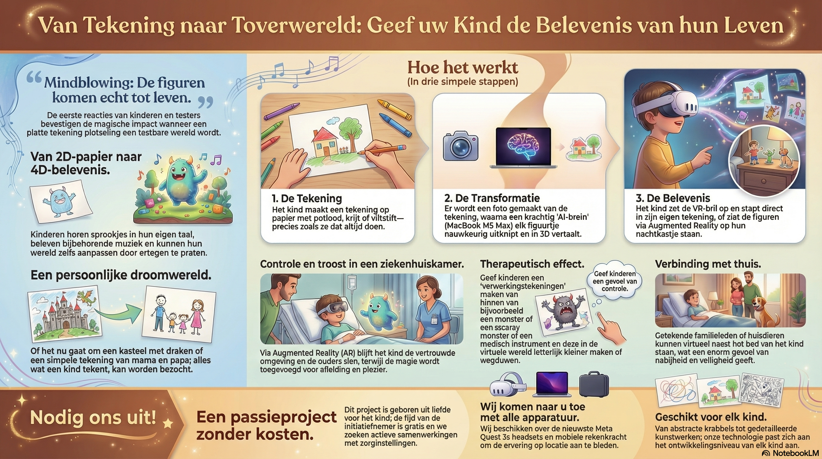 Van Tekening naar Toverwereld: overzicht van hoe Kindertekening werkt in 3 stappen &mdash; van tekenen op papier, via AI-verwerking op een MacBook, tot het beleven in VR of AR. Inclusief therapeutisch effect, verbinding met thuis en controle voor het kind.