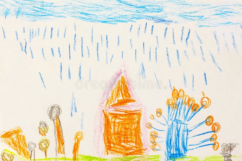 Kindertekening van een huis met tuin