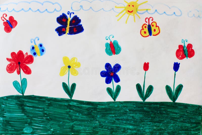 Kindertekening natuur met bloemen en vlinders